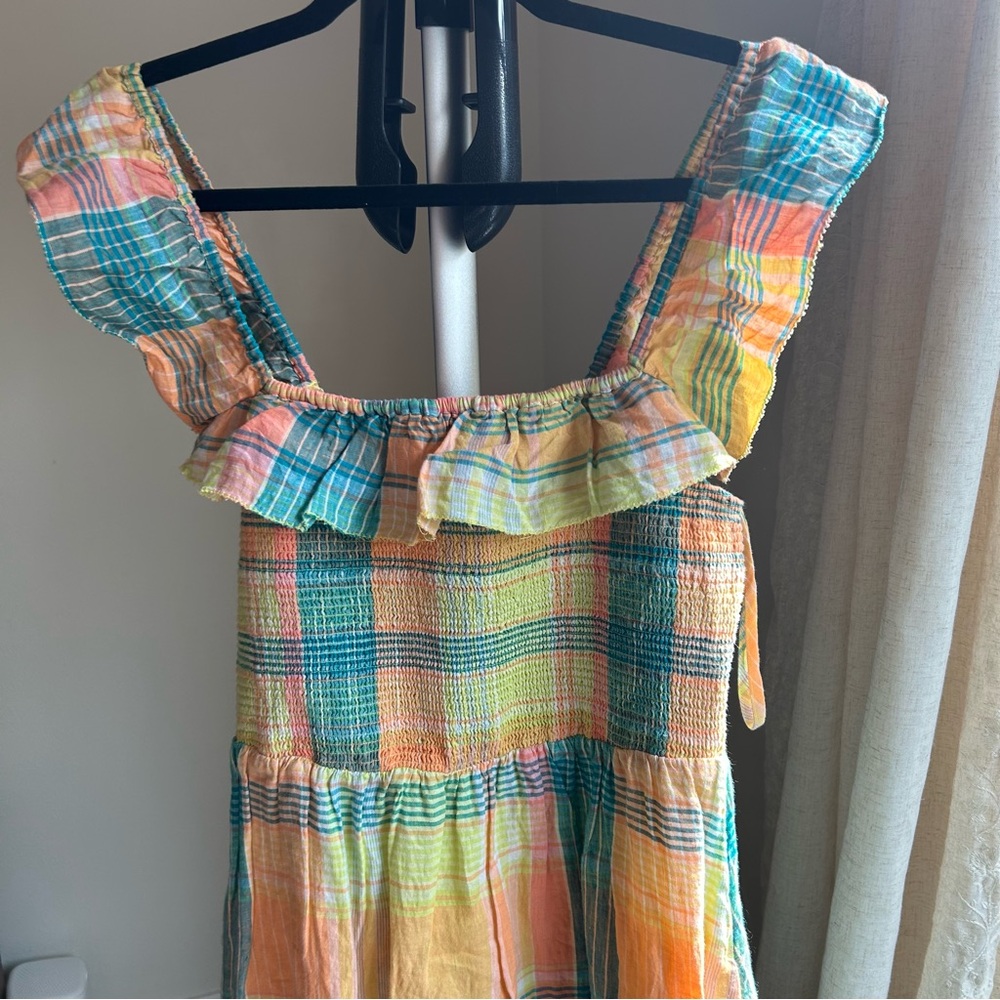 Vineyard Vines Lemon Tart Plaid Smocked Linen Ruffle Midi Dress - Picture 2 of 7